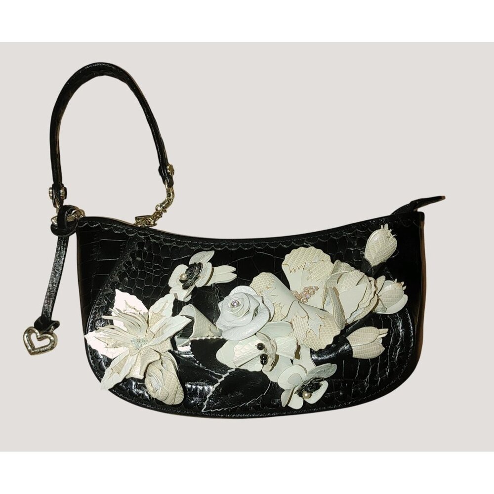 Brighton Leather Floral Embellished Black Retired Calista Croc Embossed Wristlet